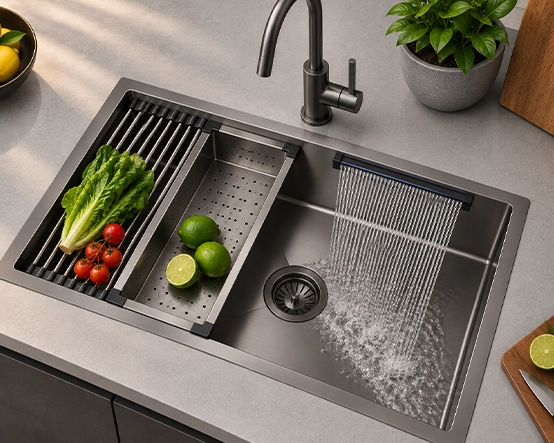 LUXAVE Multifunctional Kitchen Sink in black with integrated cutting board, colander, drain basket and rinse tray