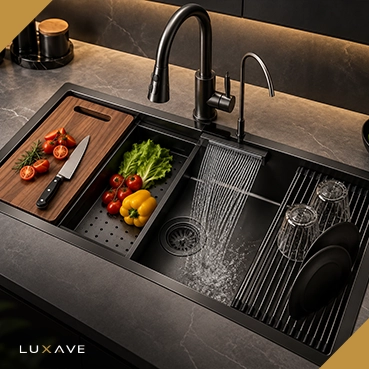LUXAVE Multifunctional Kitchen Sink in black with cutting board, colander and drain basket accessories