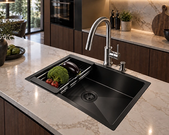 LUXAVE Quartz Kitchen Sink in black on a marble countertop, with white, brown and grey finish options shown