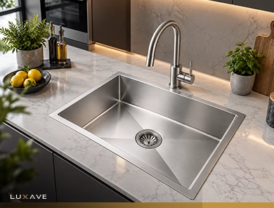 LUXAVE Handmade Kitchen Sink, SS201, 24 x 18 inch, 2mm, silver finish, single bowl