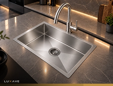 LUXAVE Handmade Kitchen Sink, SS201, 27 x 18 inch, 3mm, silver finish, single bowl, with drinking water tap